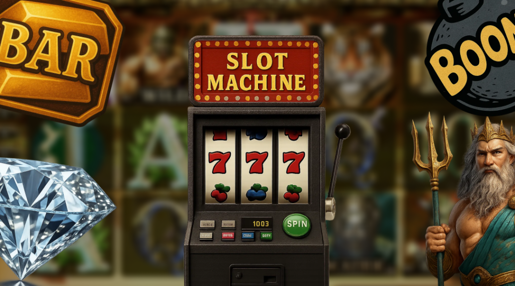 A slot machine in the middle with different styles of slot game icons surrounding it.